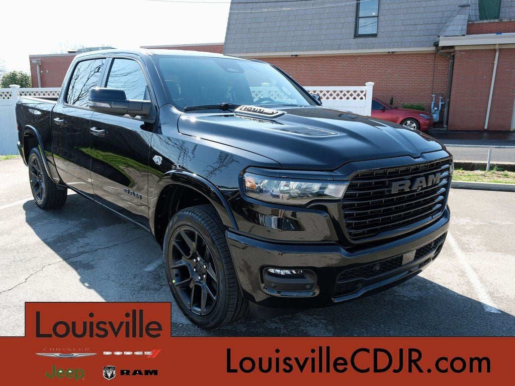 2026 RAM 1500 Laramie Night Edition in Diamond Black Crystal Pearl-Coat Exterior Paint — front three-quarter view